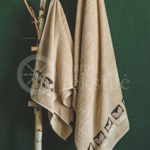 Cotton terry bath towel with leaves "BEIGE"